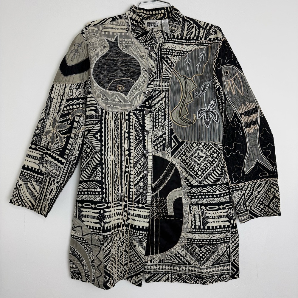 Chicos Design Top Tunic Large Asian Inspired Silk Fish Tribal Art to Wear